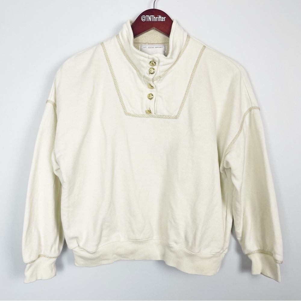 St. John Sport Button Up Henley Collar Pullover Sweater Cream Women's Size P
